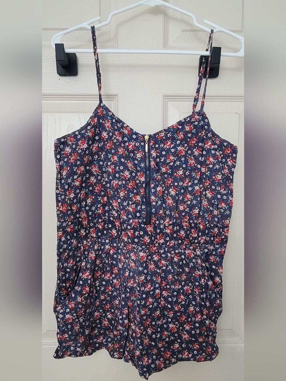 Lucca Couture Navy Romper with Red & White Floral Accents